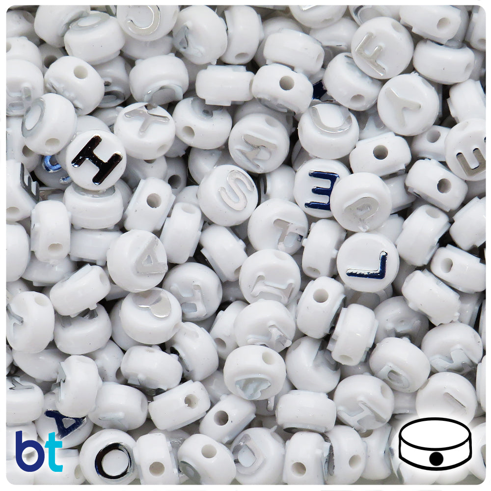 The Beadery White Opaque 10mm Coin Alpha Beads - Silver Letter Mix (144pcs)