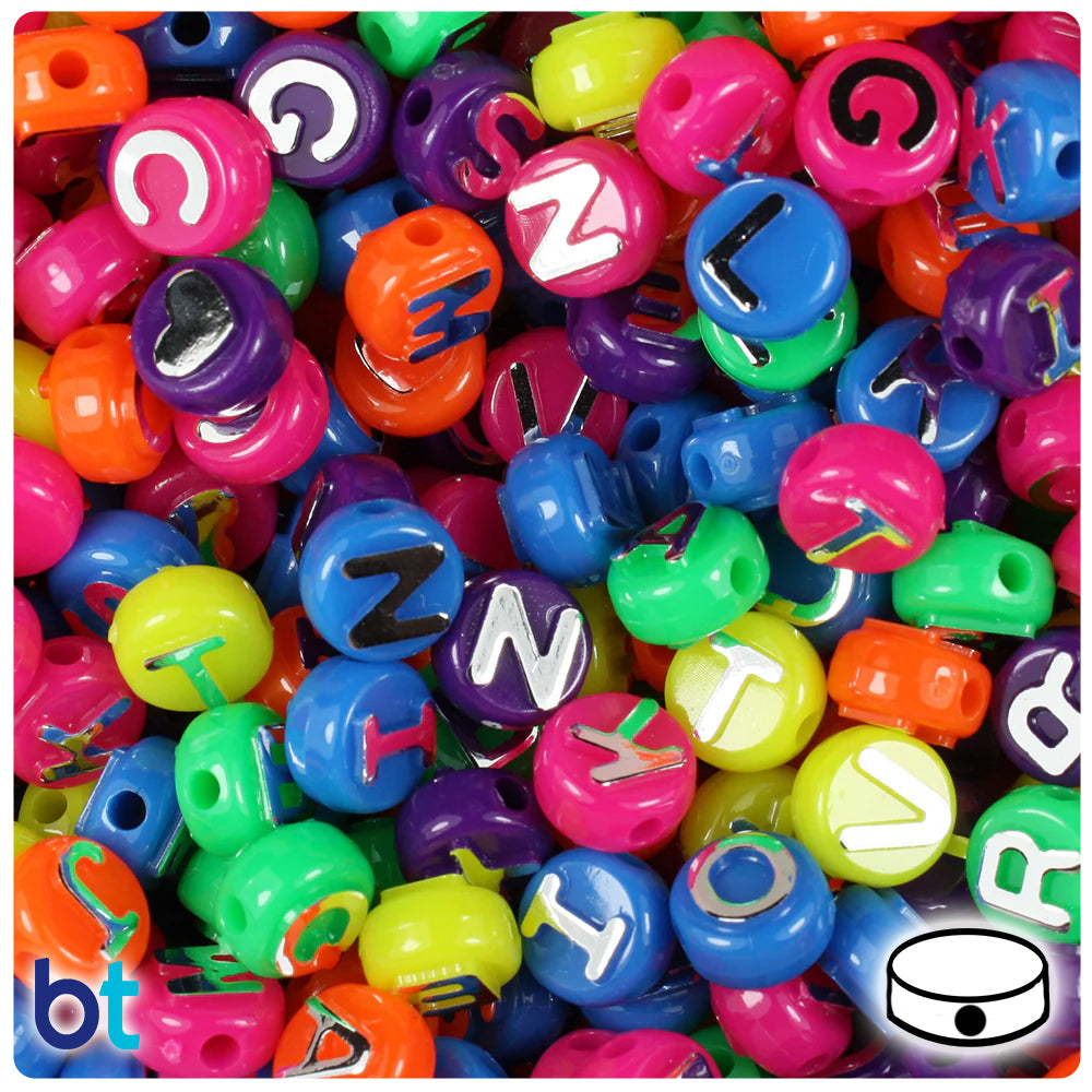 Neon Bright Mix 10mm Coin Alpha Beads - Silver Letter Mix (144pcs)