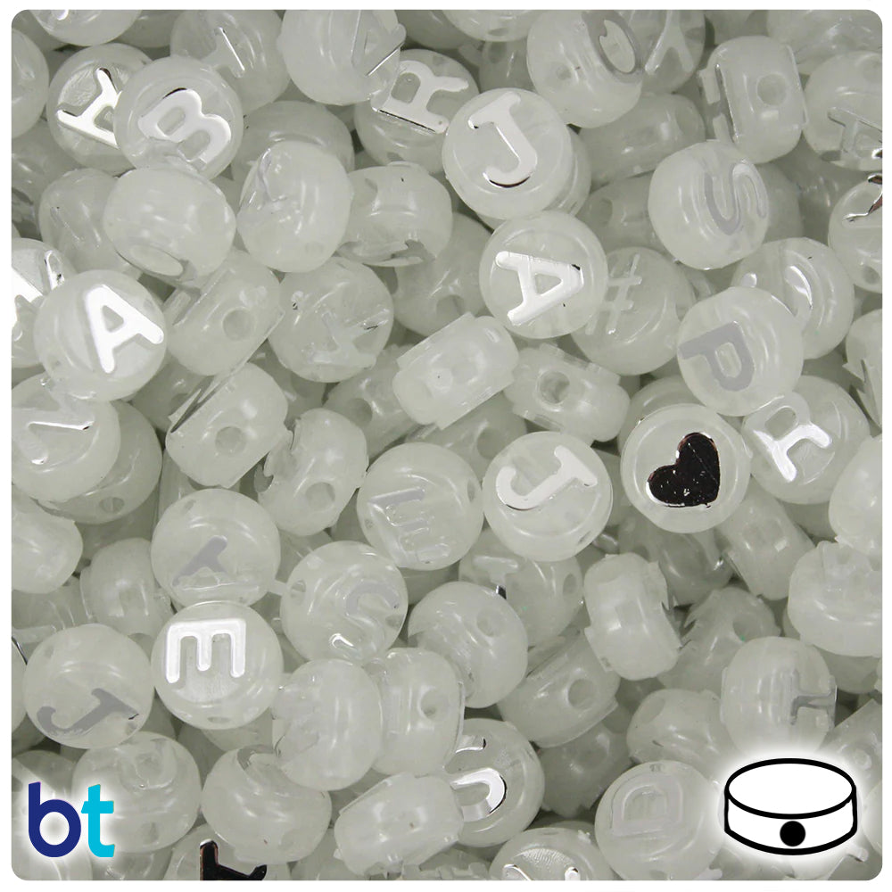 Night Glow-in-the-Dark 10mm Coin Alpha Beads - Silver Letter Mix (144pcs)