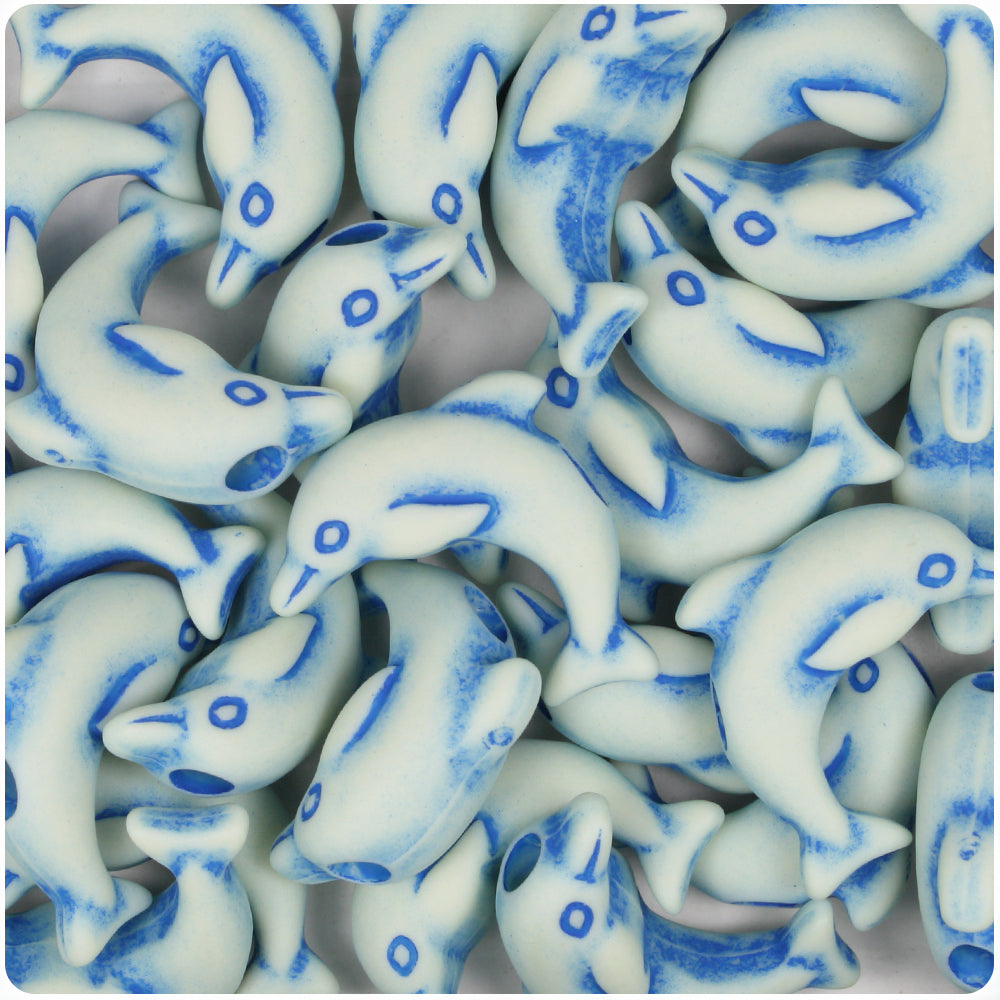 Ivory w/Blue Antique 25mm Dolphin Pony Beads (24pcs)
