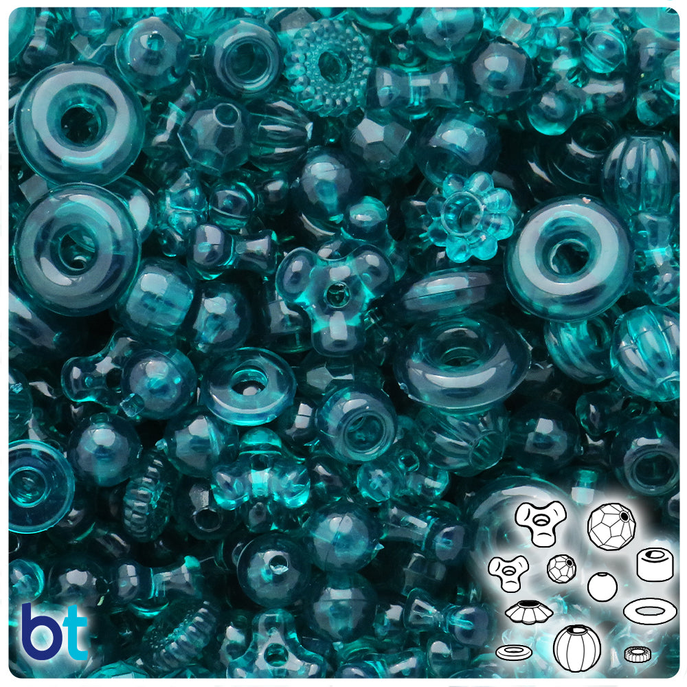 Dark Teal Transparent Plastic Craft Beads Mix (4oz)