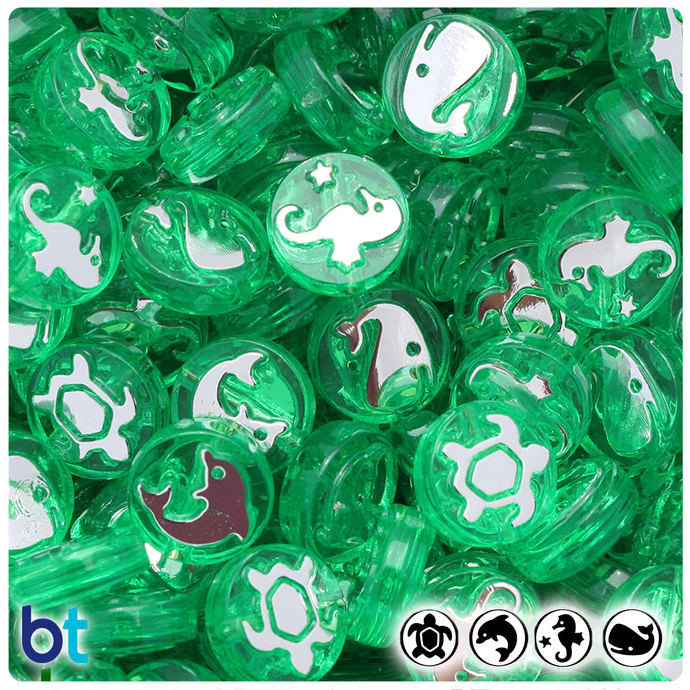 Sea Life 13mm Picture Beads - Mint Transparent with Silver (30pcs)