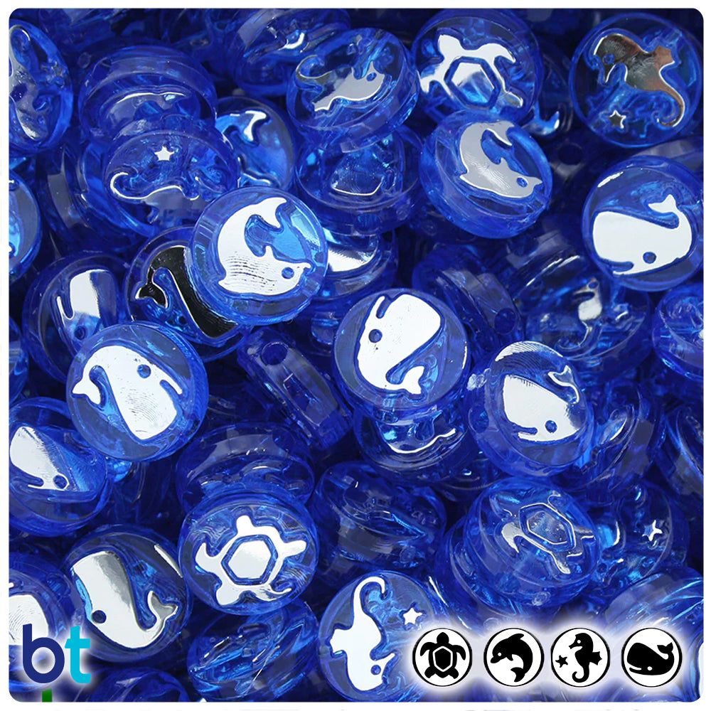 Sea Life 13mm Picture Beads - Dark Sapphire Transparent with Silver (30pcs)