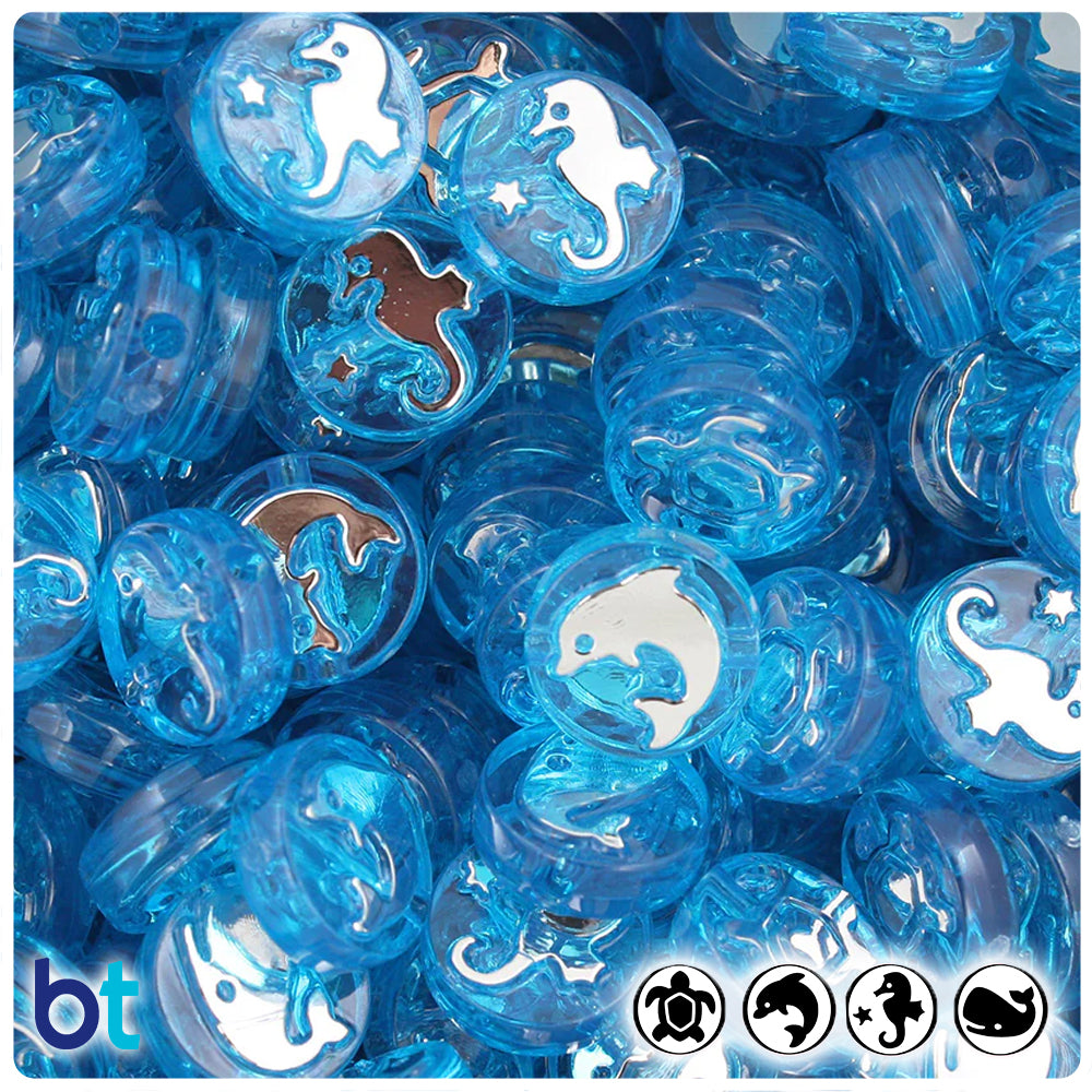 Sea Life 13mm Picture Beads - Turquoise Transparent with Silver (30pcs)