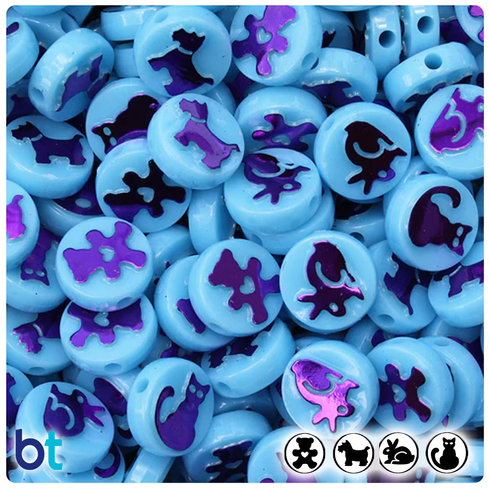 Pets 13mm Picture Beads - Baby Blue Opaque with Metallic Purple (30pcs)