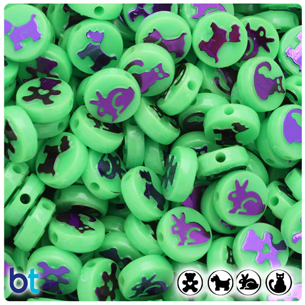 Pets 13mm Picture Beads - Lime Opaque with Metallic Purple (30pcs)