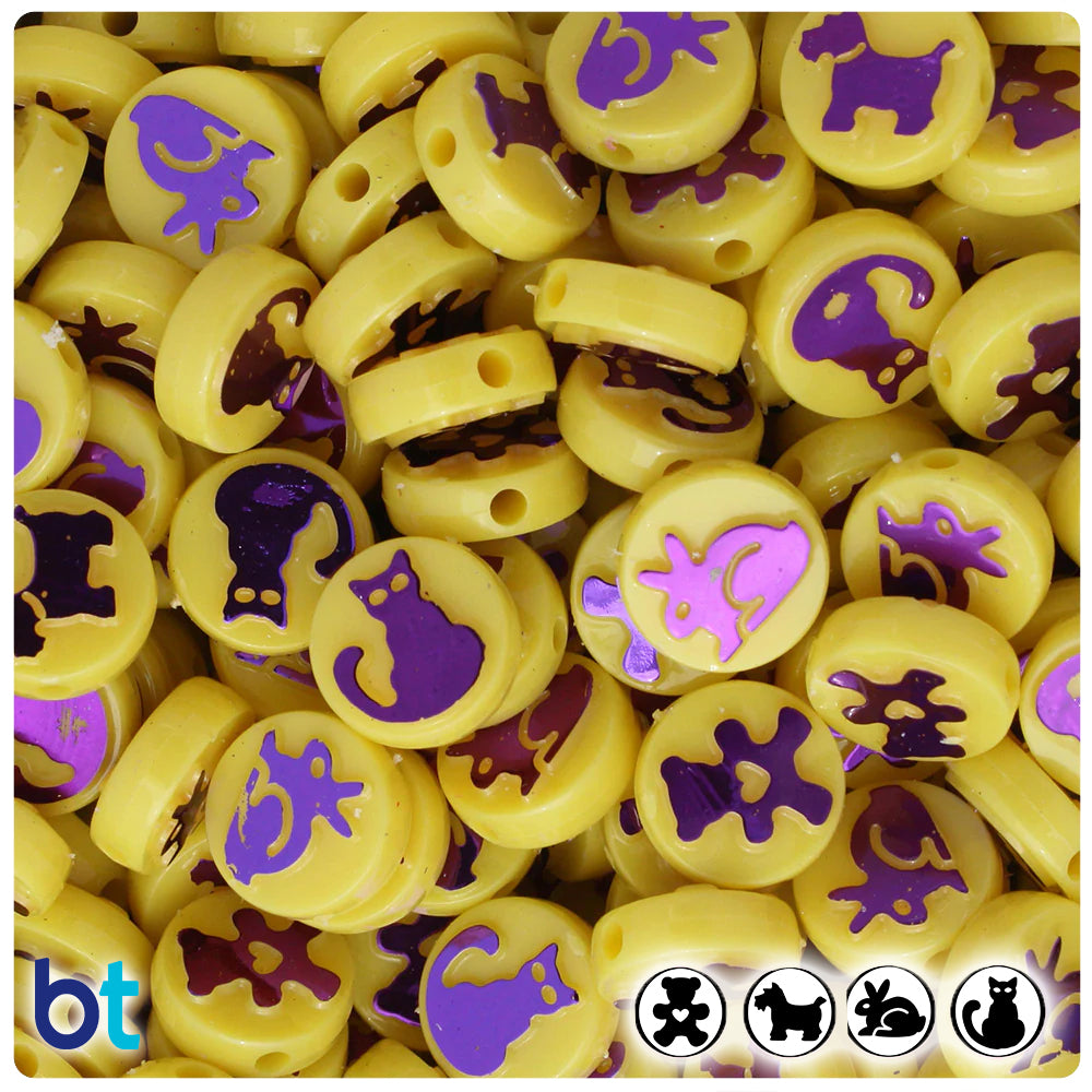 Pets 13mm Picture Beads - Yellow Opaque with Metallic Purple (30pcs)