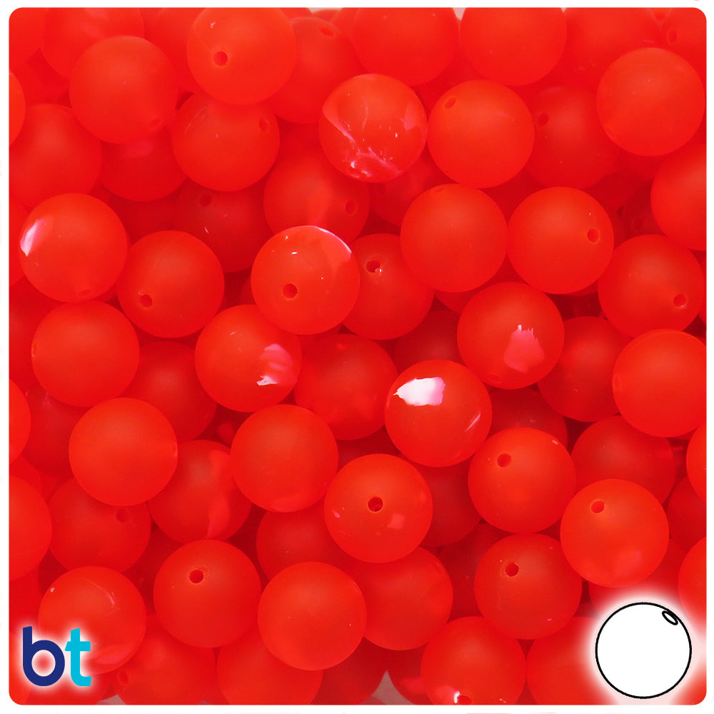 Fire Red Frosted 12mm Round Plastic Beads - White Swirls (60pcs)