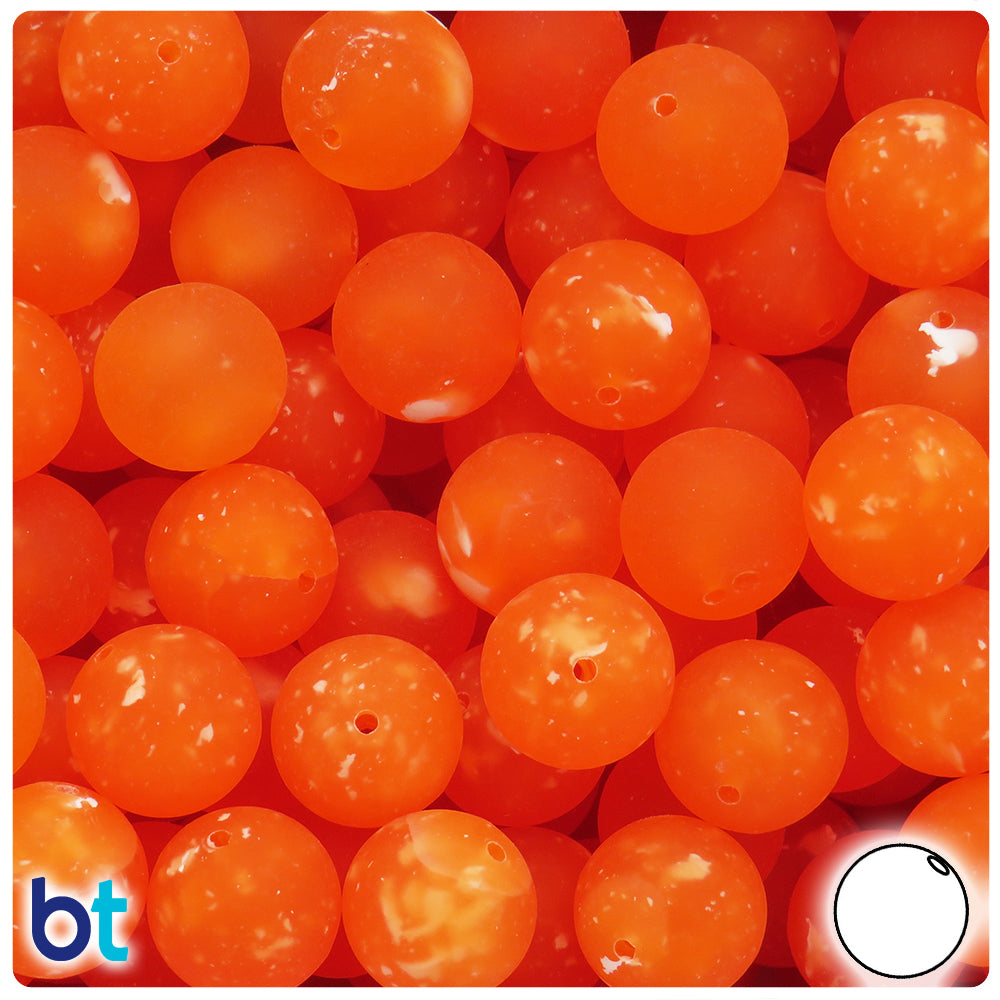 Orange Frosted 14mm Round Plastic Beads - White Swirls (36pcs)