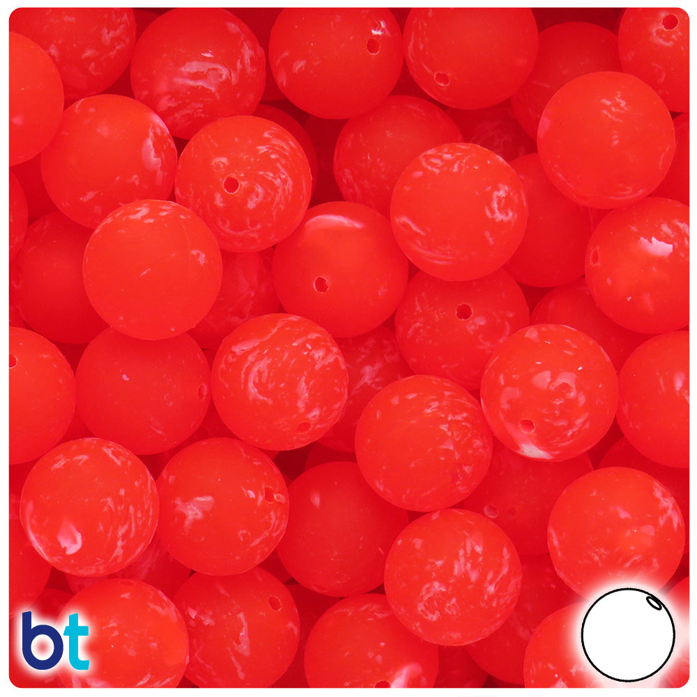 Fire Red Frosted 14mm Round Plastic Beads - White Swirls (36pcs)
