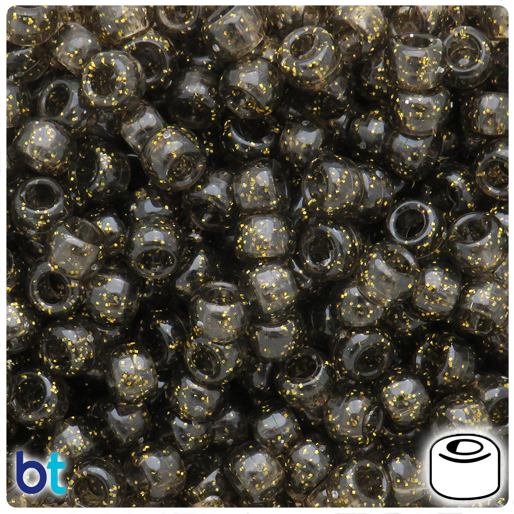 Jet Gold Sparkle 9mm Barrel Pony Beads (25g)