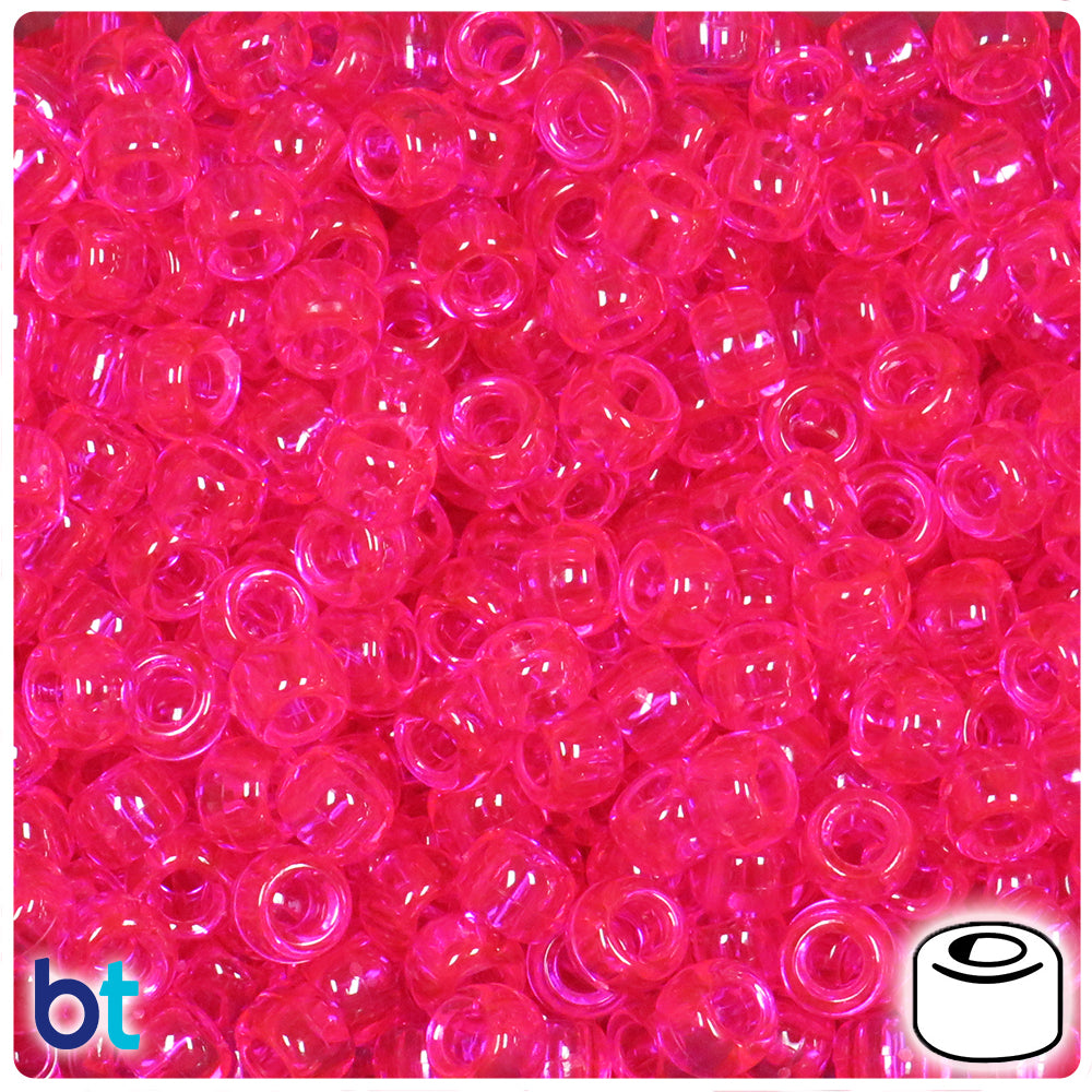 Bright Pink Transparent 9mm Barrel Pony Beads (100pcs)