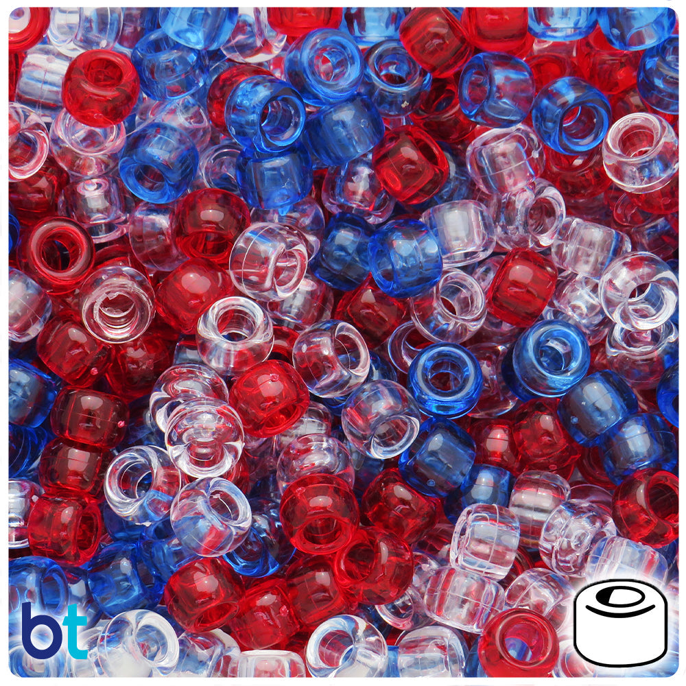 Patriotic Transparent Mix 9mm Barrel Pony Beads (100pcs)