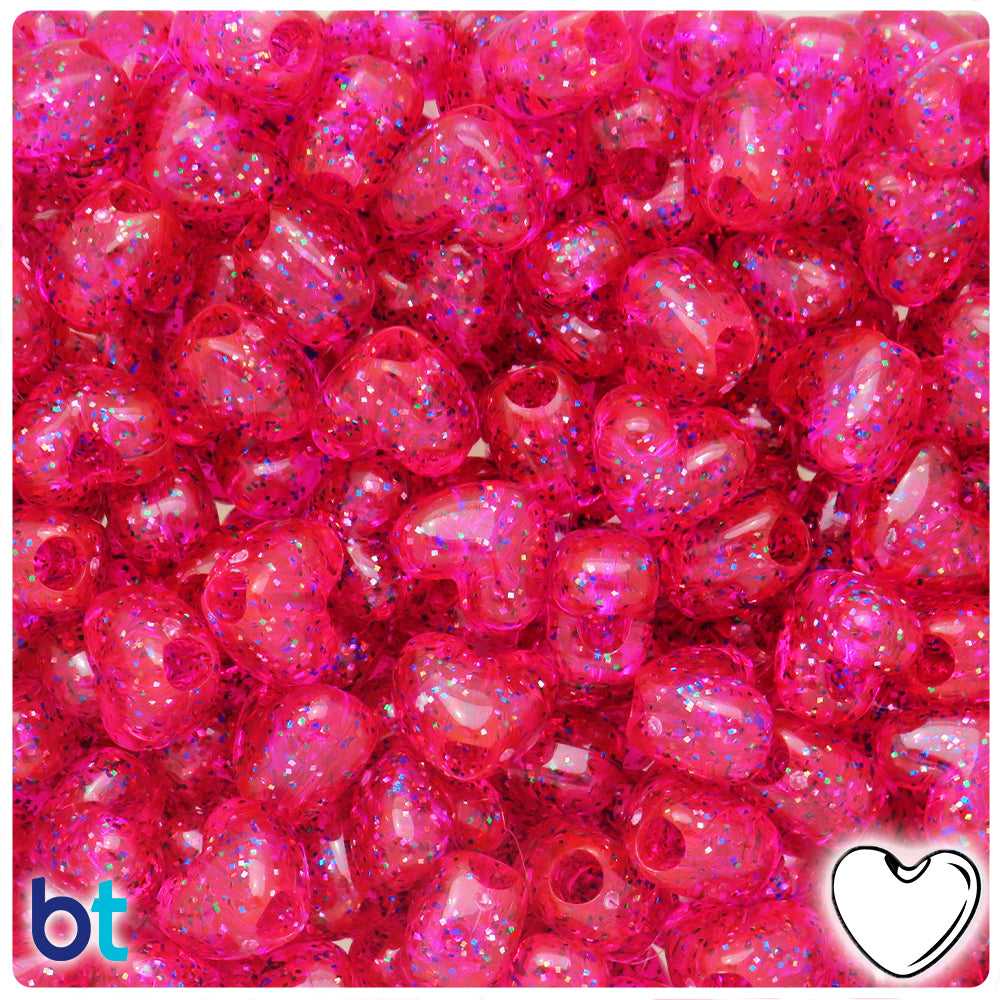 Bright Pink Rainbow Sparkle 12mm Heart (VH) Pony Beads (250pcs)