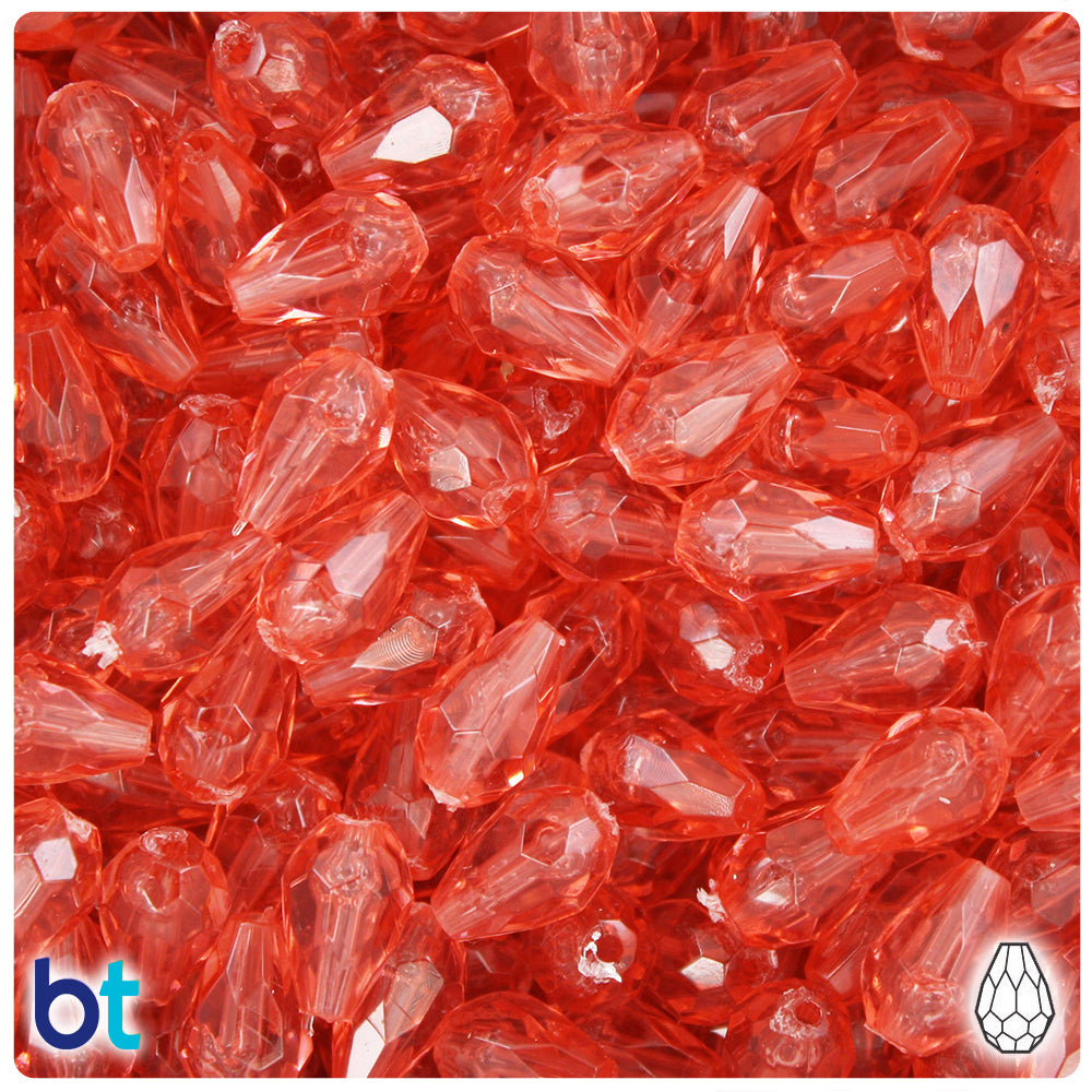 Medium Coral Transparent 13mm Faceted Pear Plastic Beads (30pcs)
