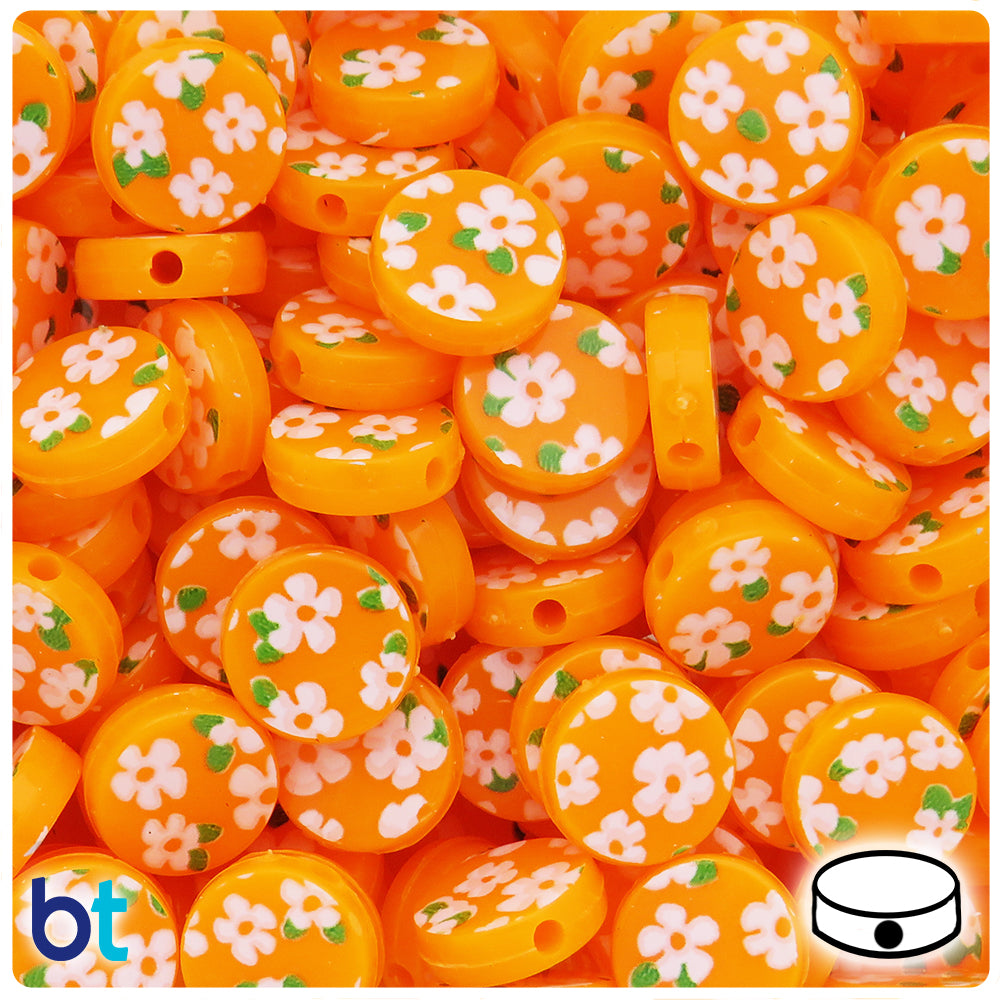 Orange Opaque 13mm Coin Plastic Beads - Flower Print (150pcs)