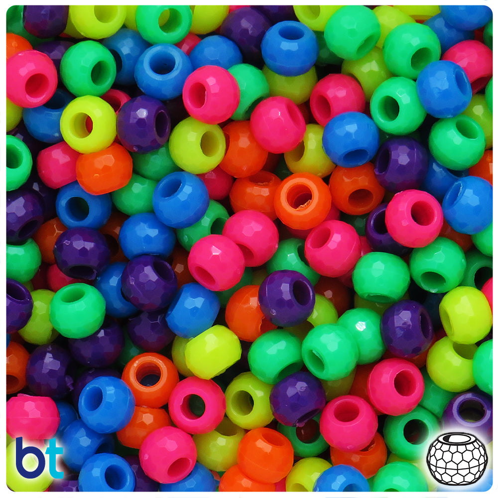 Neon Bright Mix 9mm Faceted Barrel Pony Beads (500pcs)