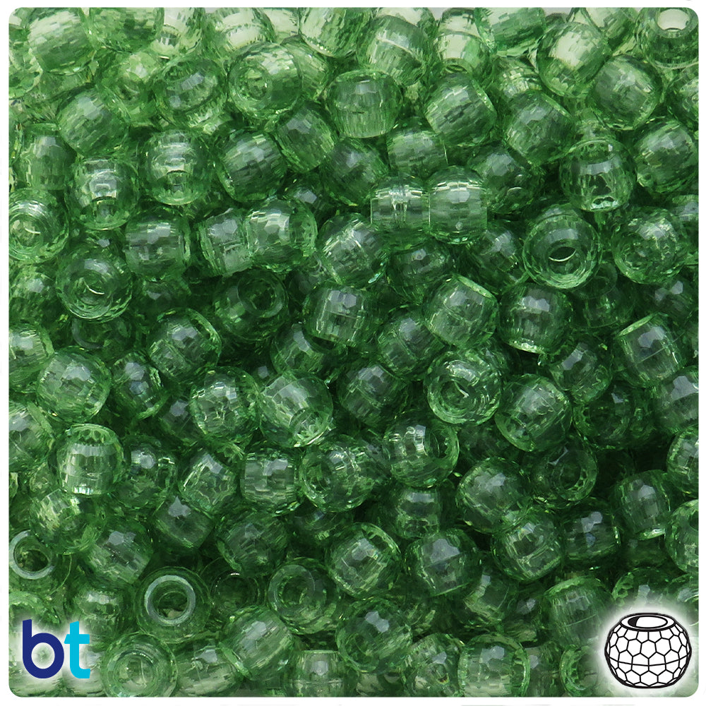 Light Apple Green Transparent 9mm Faceted Barrel Pony Beads (100pcs)