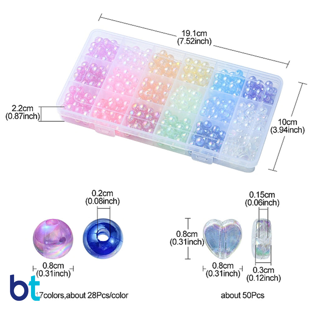 Transparent AB 8mm Round Plastic Beads (Box/18 Styles)