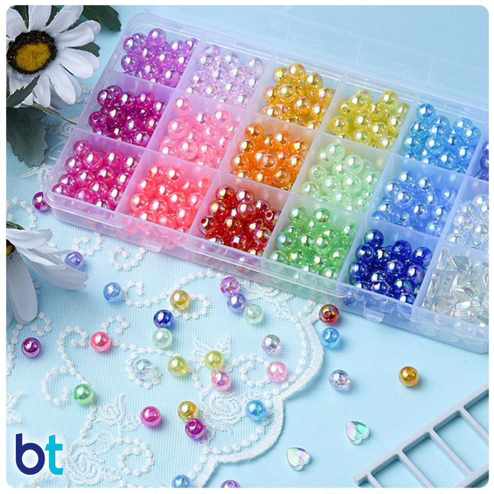 Transparent AB 8mm Round Plastic Beads (Box/18 Styles)