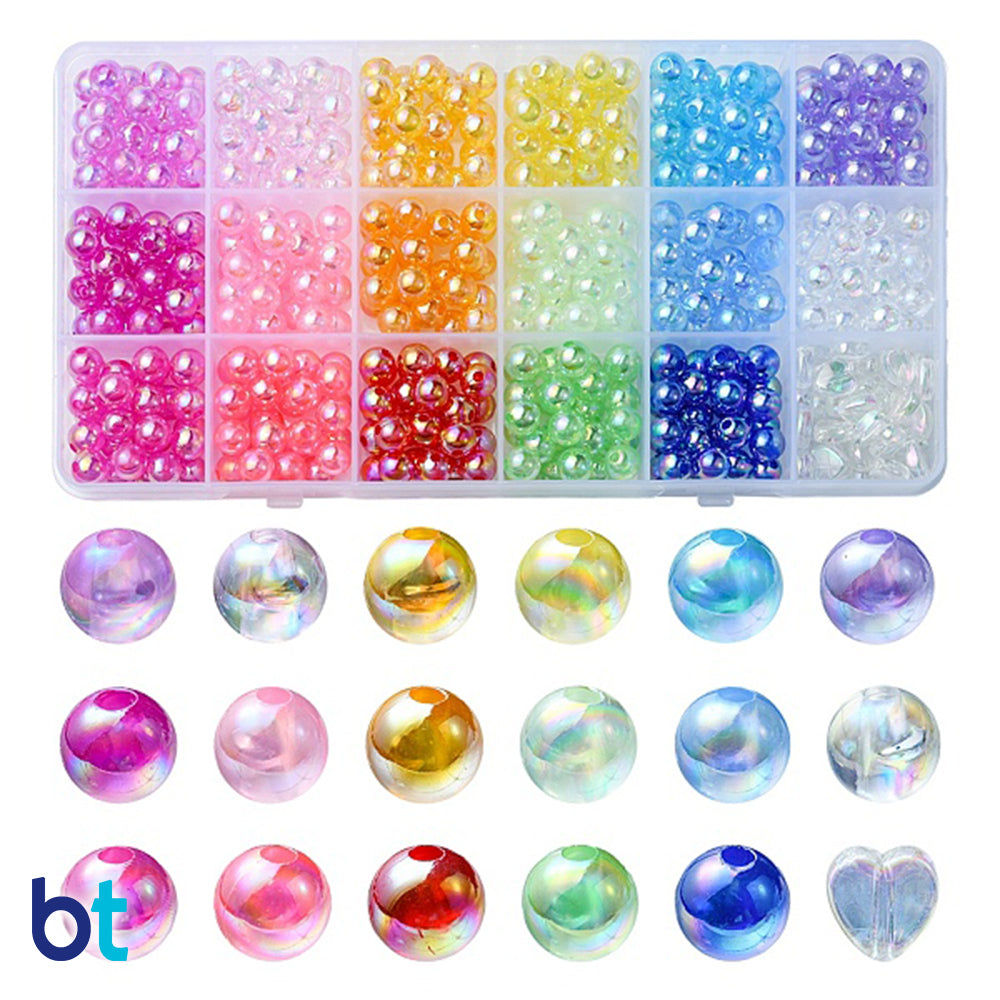 Transparent AB 8mm Round Plastic Beads (Box/18 Styles)