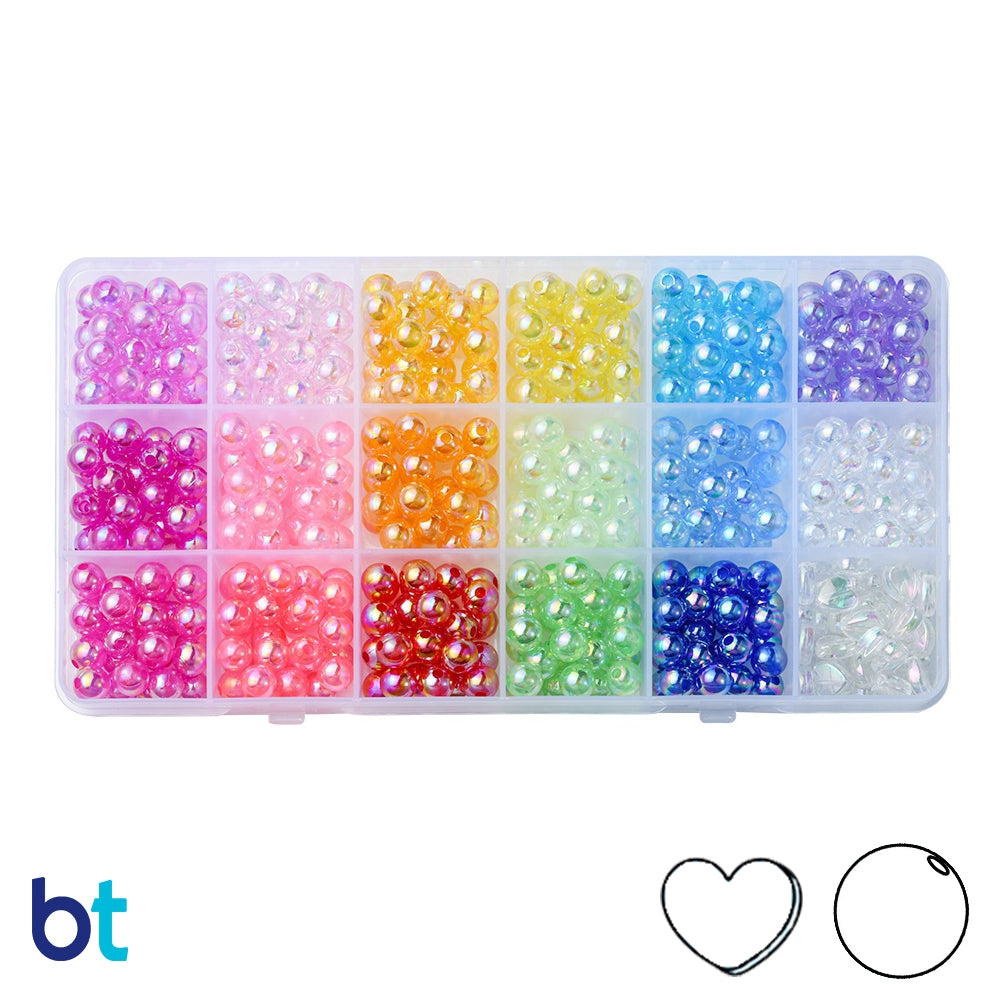 Transparent AB 8mm Round Plastic Beads (Box/18 Styles)