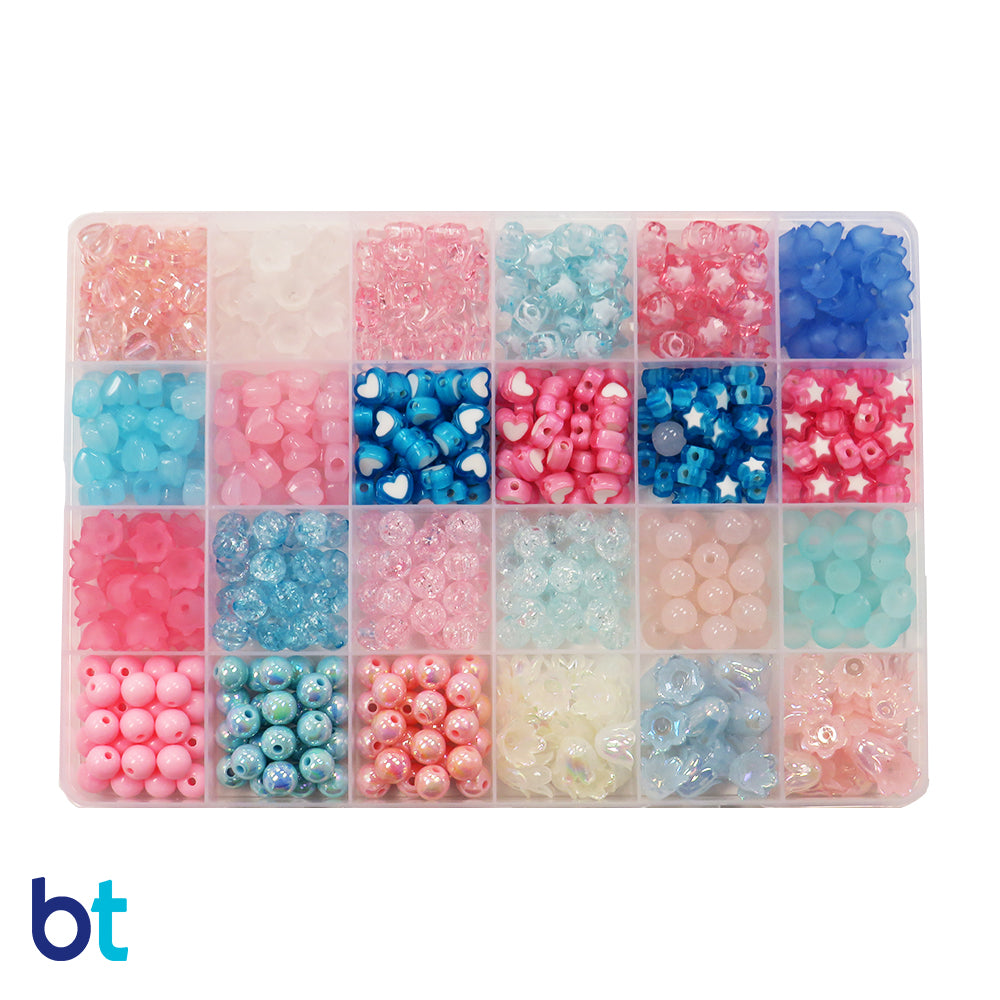 Blue, Pink & White Mixed Shapes Plastic Beads (Box/24 Styles)
