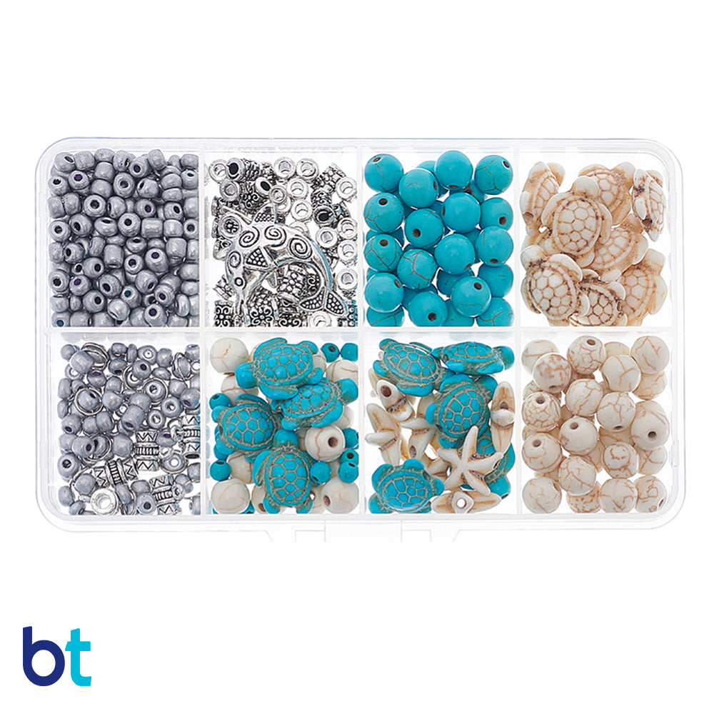 Turquoise, Ivory & Silver Beach Life Plastic Beads (Box)