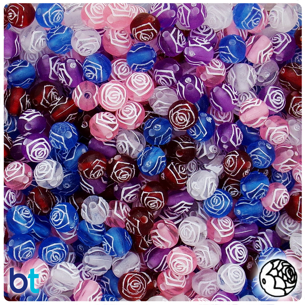 White Opaque 8mm Round Plastic Beads - Colored Accent Rosebuds (150pcs