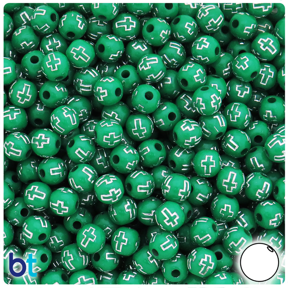 Dark Green Opaque 8mm Round Plastic Beads - Silver Accent Crosses (150pcs)