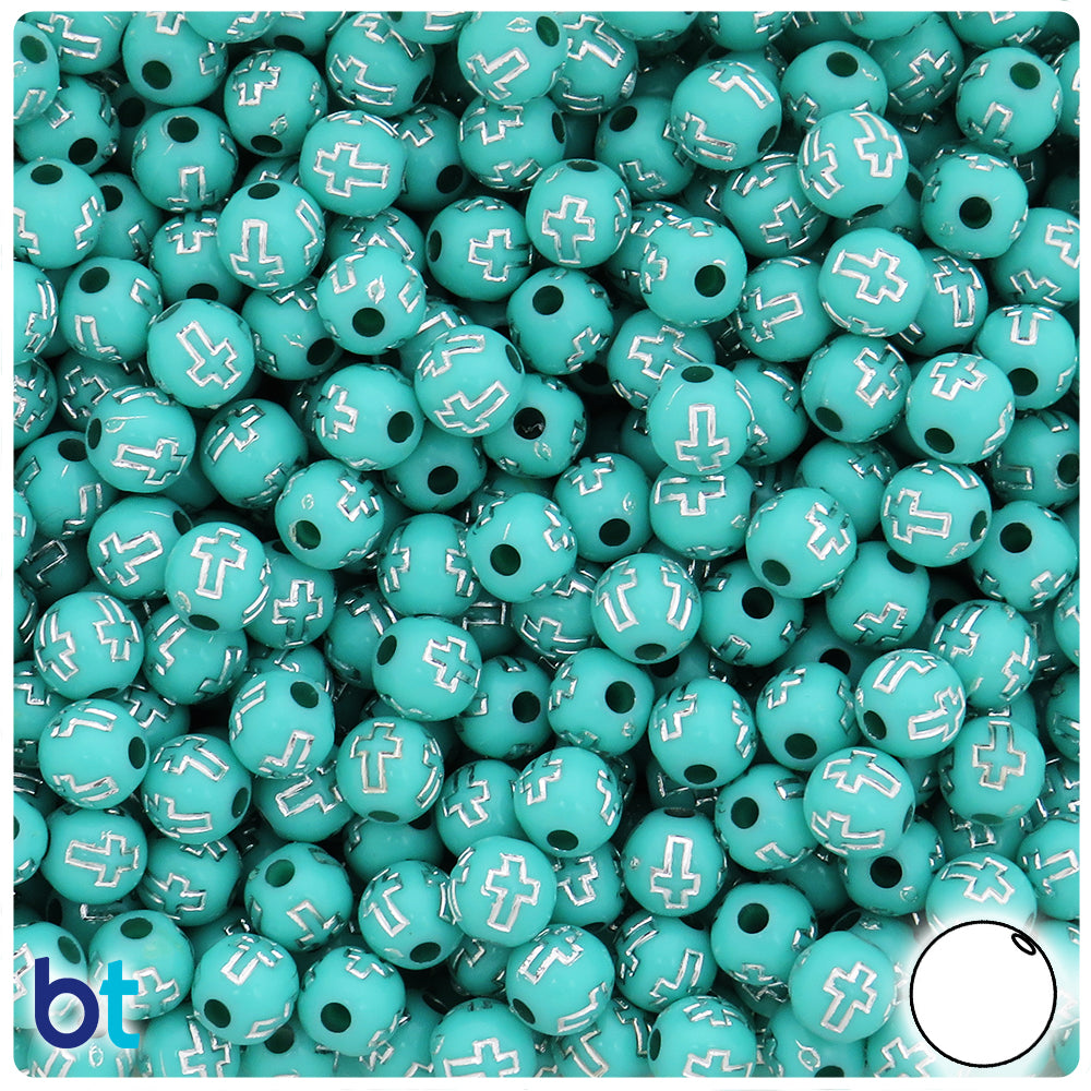 Light Turquoise Opaque 8mm Round Plastic Beads - Silver Crosses (150pcs)