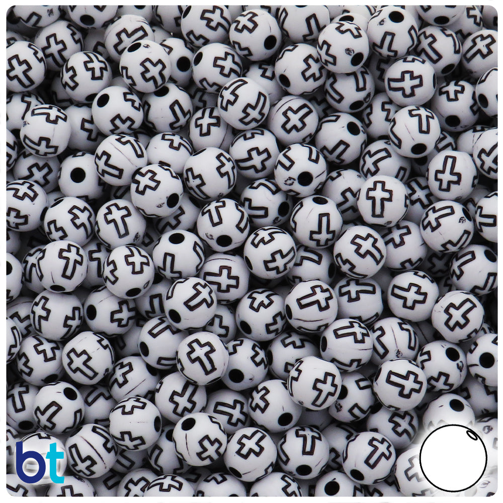 White Opaque 8mm Round Plastic Beads - Black Crosses (150pcs)