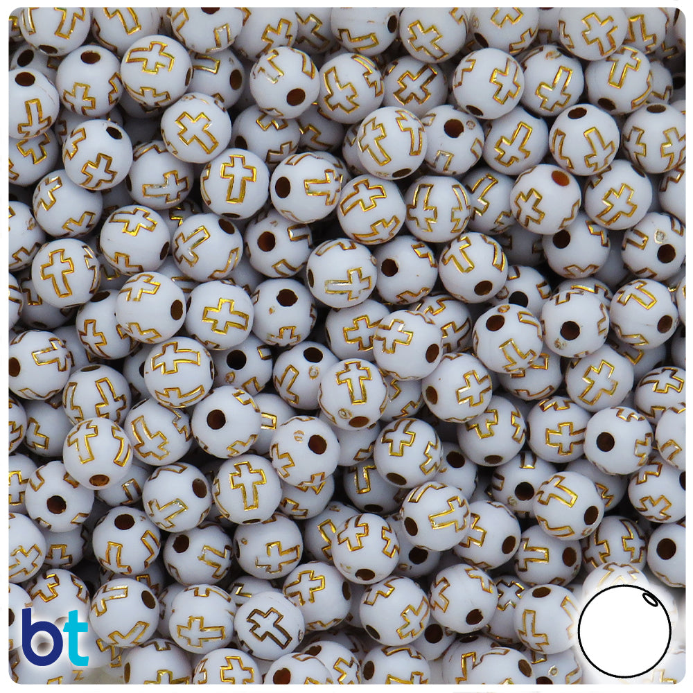 White Opaque 8mm Round Plastic Beads - Gold Crosses (200pcs)