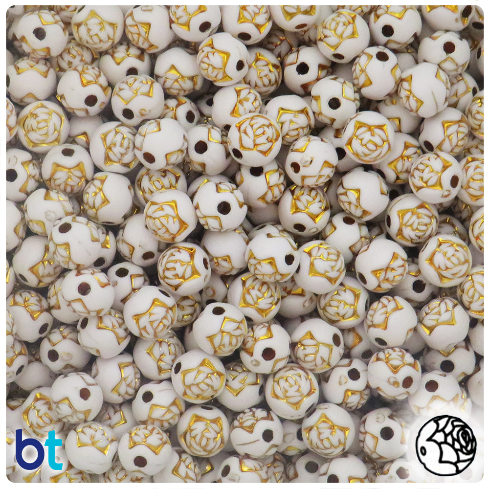 White Opaque 8mm Round Plastic Beads - Gold Rosebuds (190pcs)