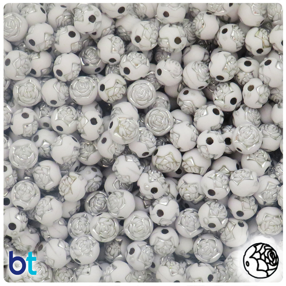 White Opaque 8mm Round Plastic Beads - Silver Rosebuds (190pcs)