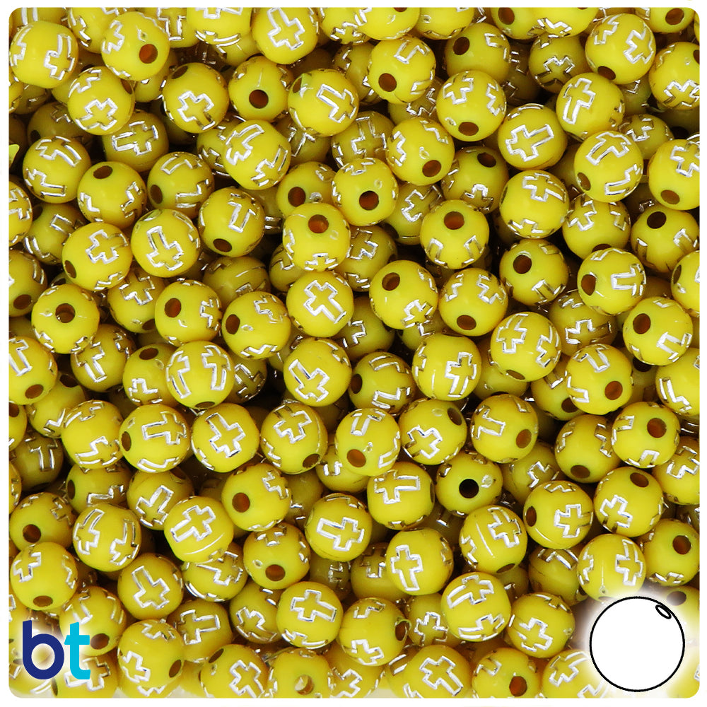 Yellow Opaque 8mm Round Plastic Beads - Silver Crosses (150pcs)