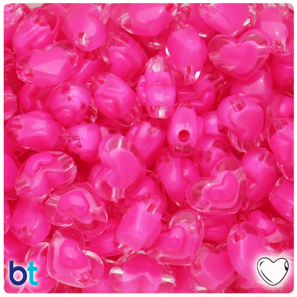 Clear Transparent 17mm Heart Plastic Beads - Dark Pink Core Bead (40pcs)