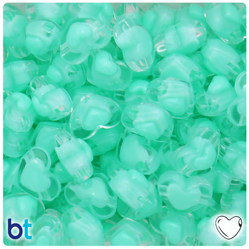 Clear Transparent 17mm Heart Plastic Beads - Green Core Bead (40pcs)