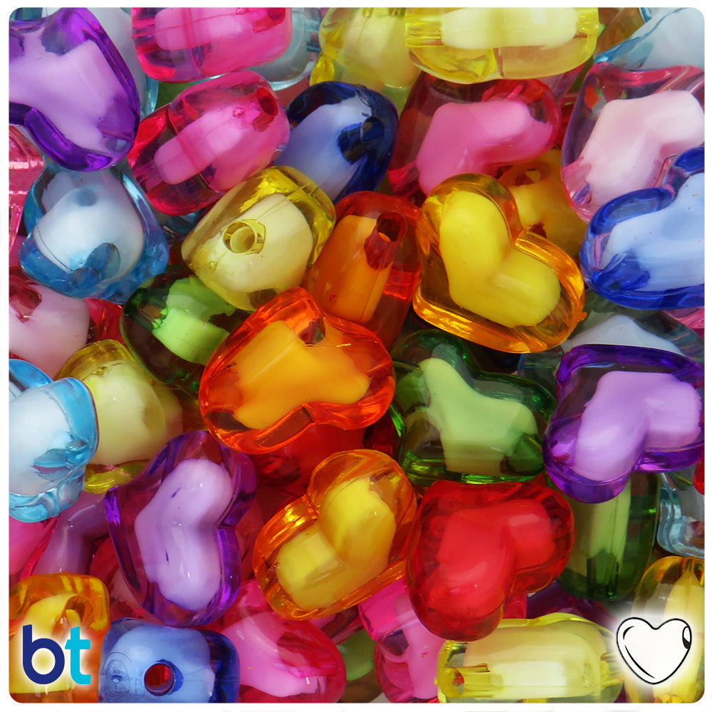 Mixed Transparent 21mm Heart Plastic Beads - White Core Bead (25pcs)