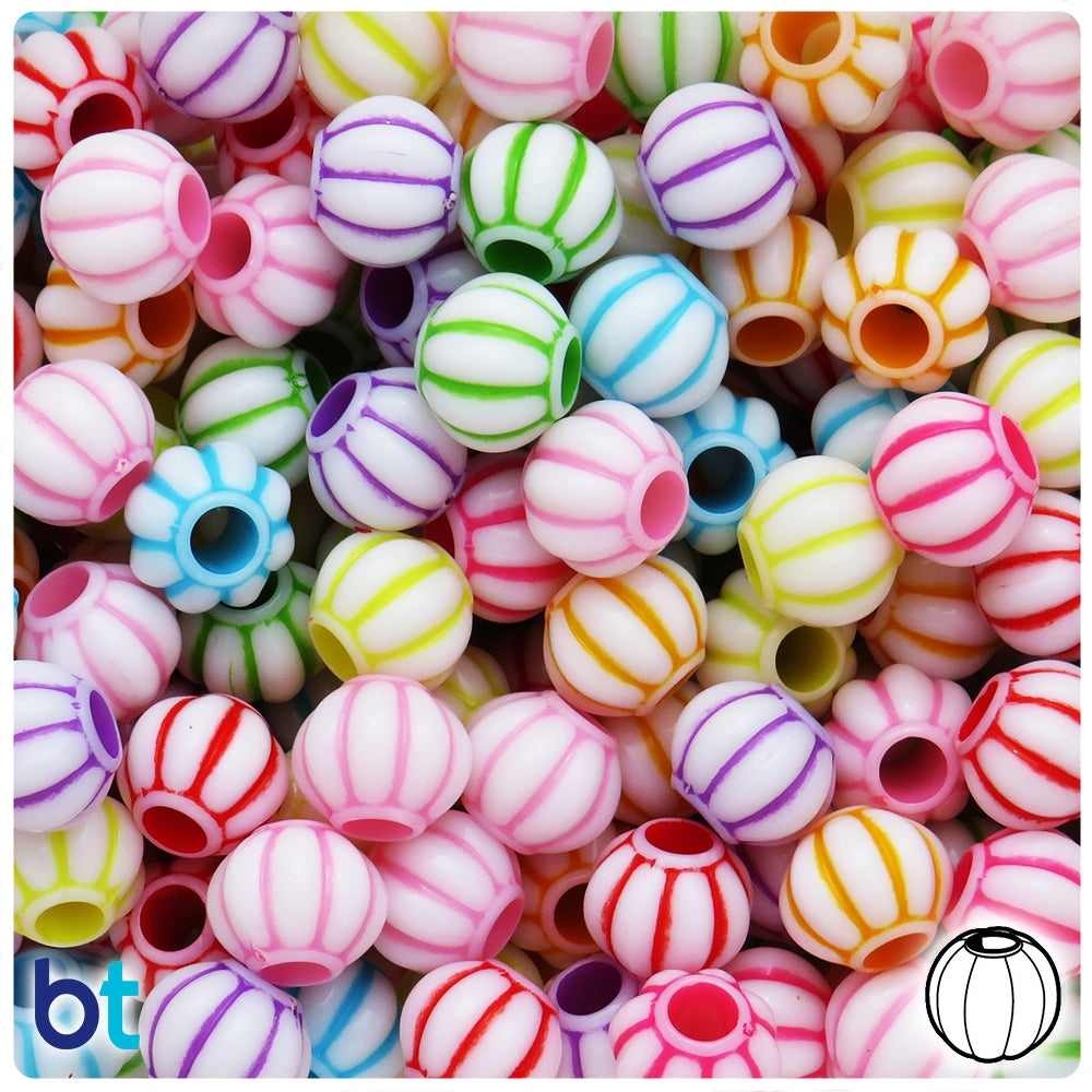 White Opaque 12mm Melon Plastic Beads - Colored Details (60pcs)