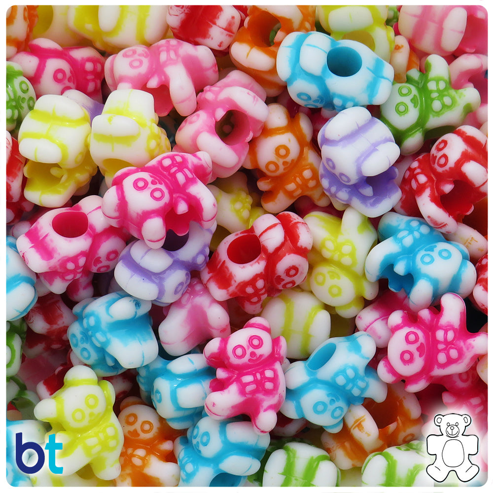 White Opaque 18mm Teddy Bear Plastic Beads - Colored Details (46pcs)