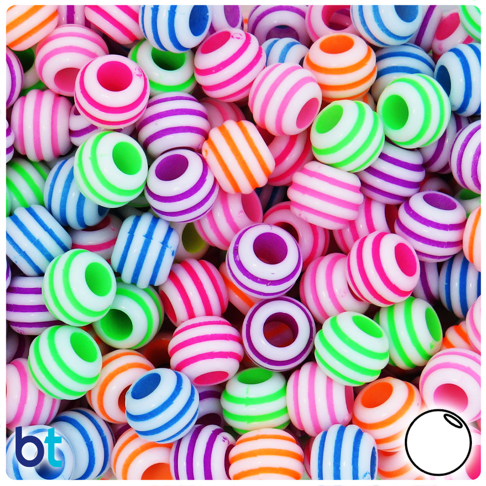 White Opaque 12mm Round Plastic Beads - Colored Rings (75pcs)