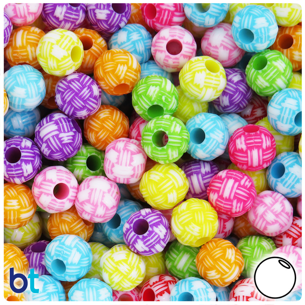 White Opaque 11mm Round Plastic Beads - Colored Weave (65pcs)