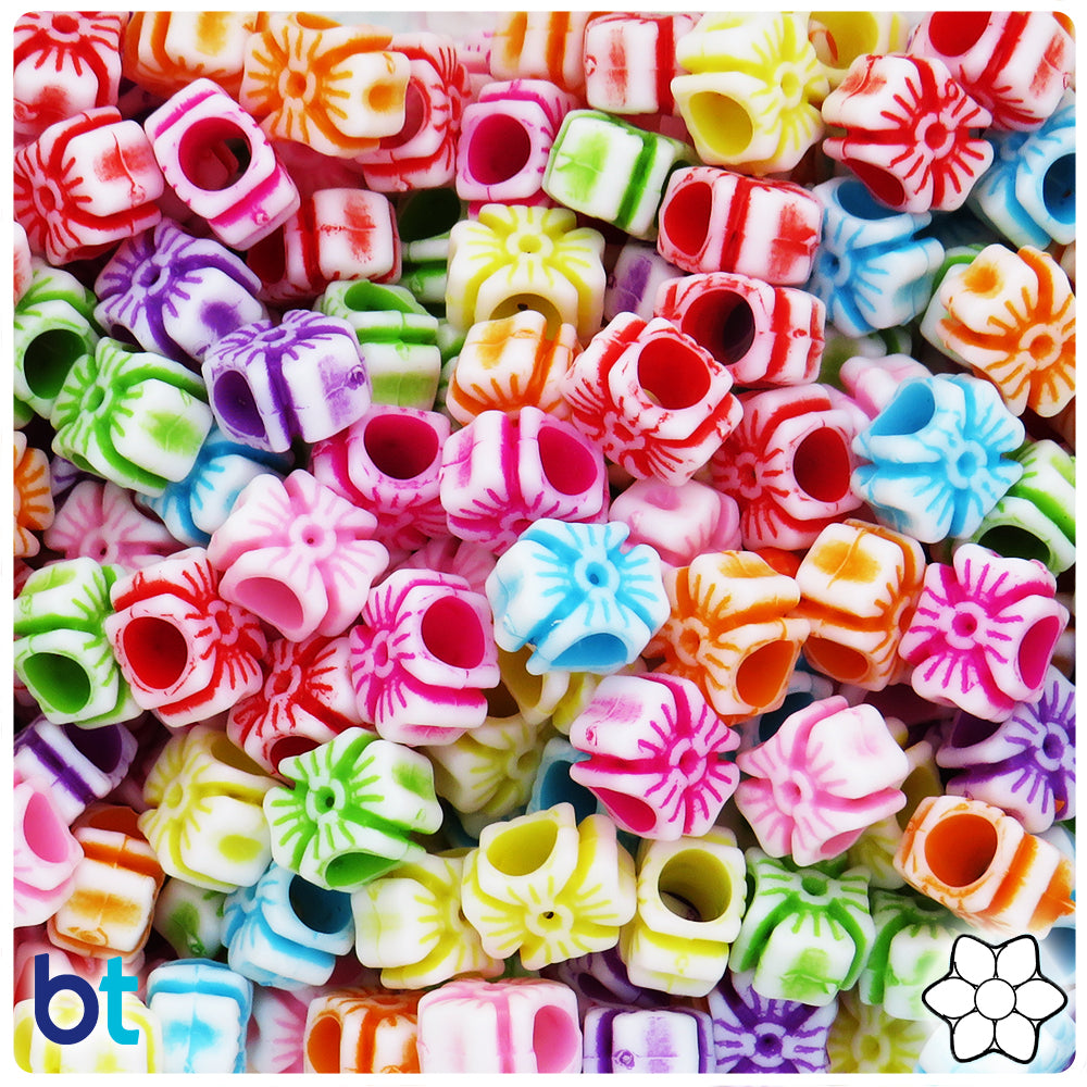 White Opaque 12mm Flower Plastic Beads - Colored Details (110pcs)