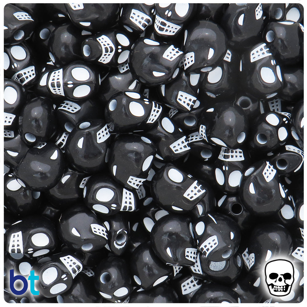 Black Opaque 13mm Skull Plastic Beads - White Details (62pcs)