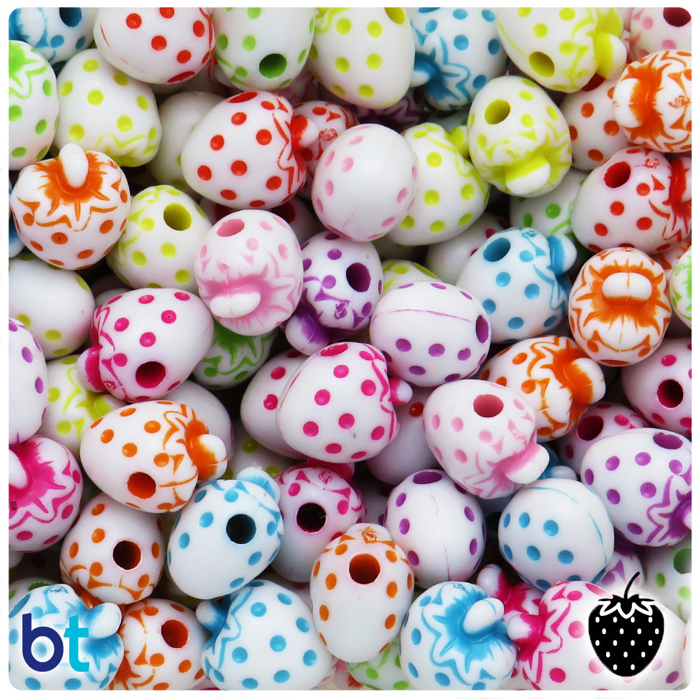 White Opaque 16mm Strawberry Plastic Beads - Colored Details (60pcs)