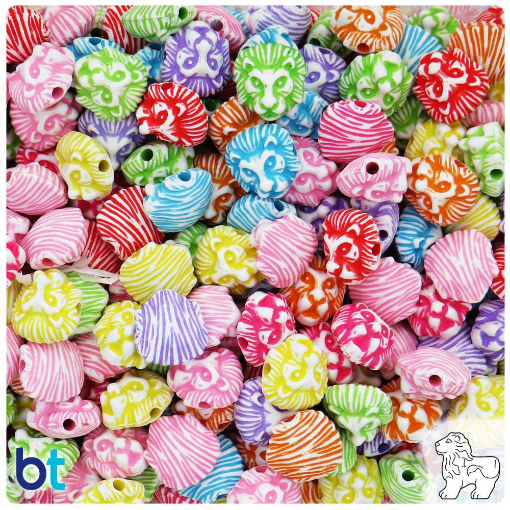 White Opaque 12mm Lion Head Plastic Beads - Colored Details (100pcs)
