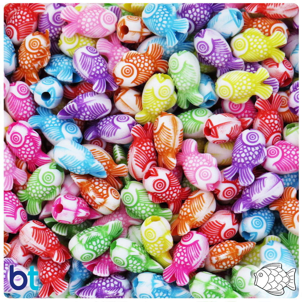 White Opaque 15mm Fish Plastic Beads - Colored Details (100pcs)