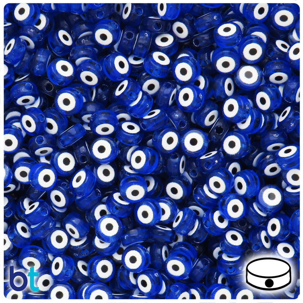 Dark Blue Transparent 7mm Flat Round Plastic Beads - Evil Eye Design (200pcs)