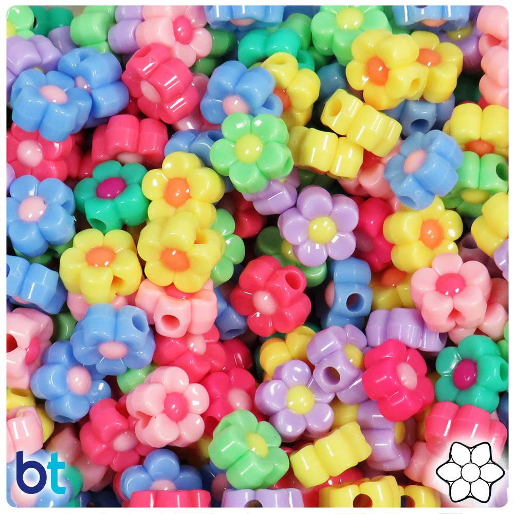Mixed Pastel Opaque 12mm Flower Plastic Beads - Colored Design (100pcs)